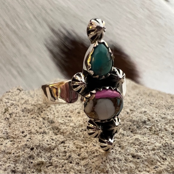 ❤️ Cotton Candy Dahlia Kingman Turquoise Sterling Silver Navajo Adjustable Ring - Picture 4 of 14